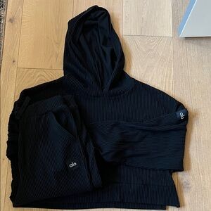 ALO Yoga Black Ribbed Hoodie and Joggers Set